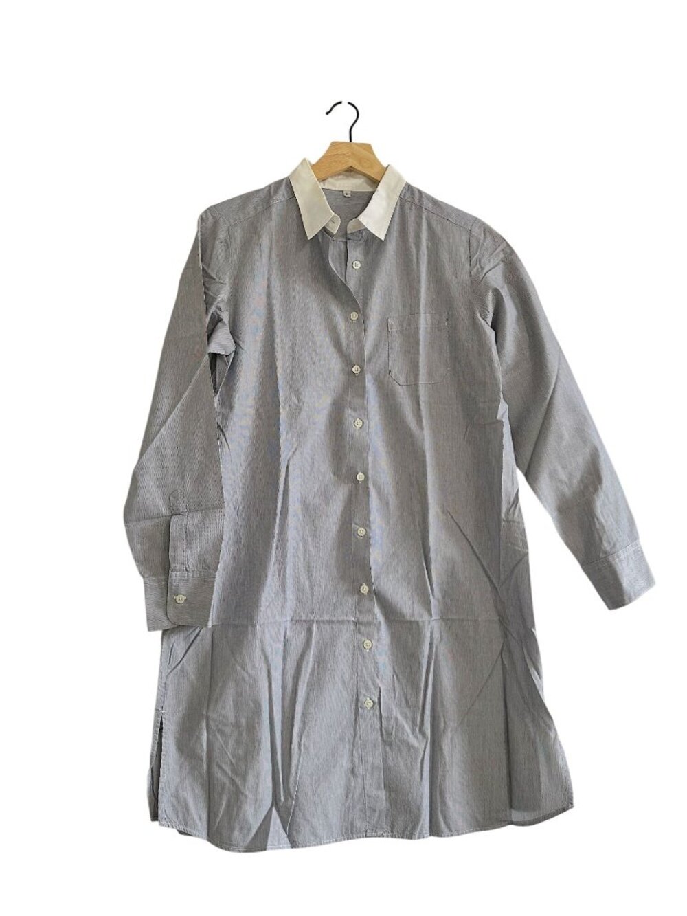 MUJI Cotton Striped Cleric Shirt Dress –Size L, Blue, White